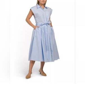 Zara Cotton Poplin Shirt Dress Blue Tie Waist Midi Large